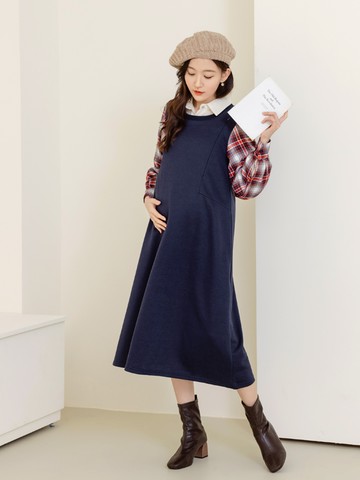 韓系格紋拼接袖拉鍊式哺乳孕婦洋裝