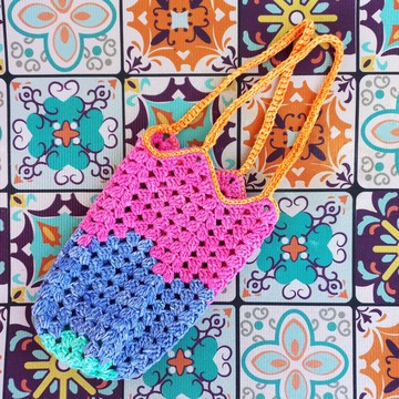 紫彩方底方格編織杯袋 純棉 杯套 飲料袋 杯袋 水壺袋