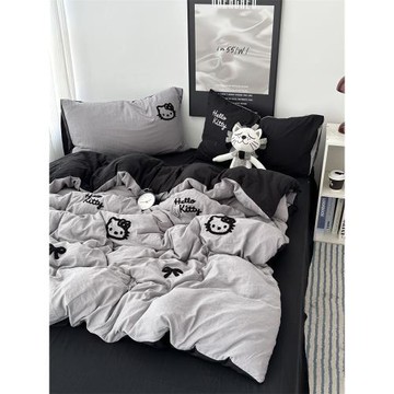 少女ins黑色可愛貓咪毛巾繡水洗棉四件套床單學生宿舍三件套床笠