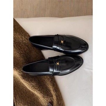 香港凱旋門樂福鞋女2025春秋英倫風開邊珠平跟單鞋女中古風小皮鞋