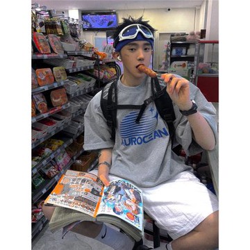 (免運)Aurocean 花灰色T恤 熱固油墨印花320克重磅全棉寬肩廓形短袖