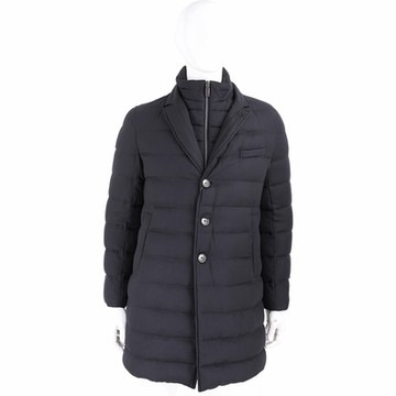 HERNO 假兩件設計釦式拉鍊黑色混紡羊毛羽絨長版外套(前襟立領可拆/男女可穿)