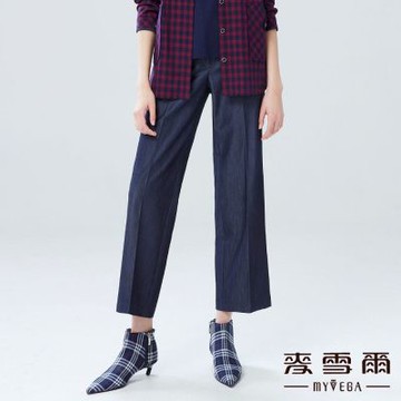 MYVEGA麥雪爾 輕薄仿牛仔彈性腰寬直筒九分褲-深藍