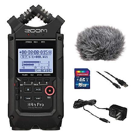 Zoom H4n Pro All Black 4-Track Portable Recorder (2020 Model) with Zoom AD-14 AC Adapter, Windbuster, 16GB Memory Card ＆ USB Cable Bundle