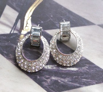 Vintage Jewelry 西洋古董飾品 銀色調 摩登 鑲鑽 垂墜 針式耳環