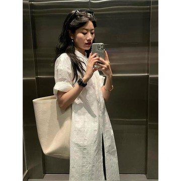 日系松弛感疊穿襯衫連衣裙女夏季新款棉麻暗花慵懶風小個子中長裙