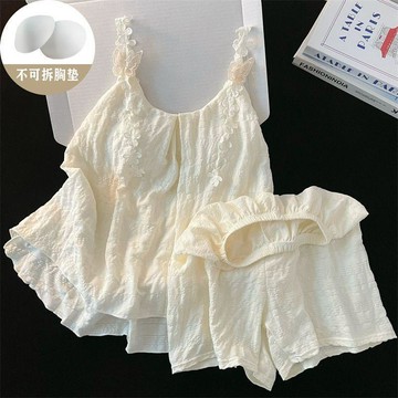 高品質 夏季女生睡衣 涼快居家服 可外出夏季 帶胸墊睡衣女淺黃棉質花朵吊帶短褲甜美寬鬆家居服兩件套 吊帶睡衣 睡衣短褲