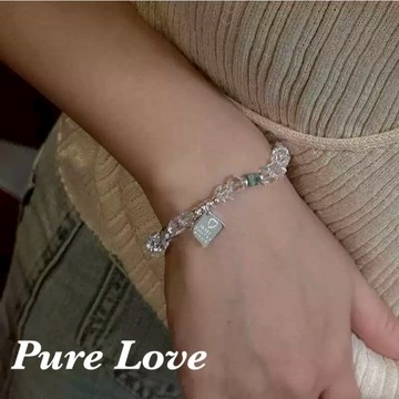 Pure Love樂芙 / 正韓 純銀【S925】B0812簡約通體純銀手鍊不規則白水晶愛心吊牌彈性手鏈 / 二款