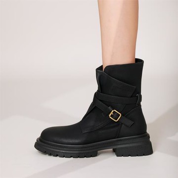 馬丁靴女2023新款圓頭粗跟皮帶扣騎士英倫風美式西部靴棕色短靴子