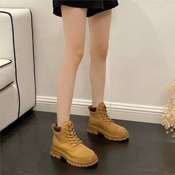真皮厚底馬丁靴踢不爛大黃靴子女2023新款棕色復古工裝短靴英倫風
