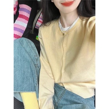 韓系溫柔黃色2025新款假兩件針織春秋長袖軟糯毛衣開衫外套上衣女