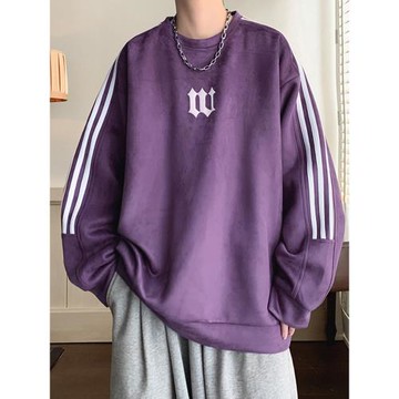 烏梅紫色麂皮絨衛衣男士春秋季新款潮牌衣服美式復古重磅圓領外套