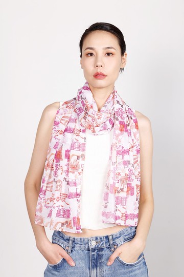 REESE香港印花雪紡長圍巾 (白/紫紅)