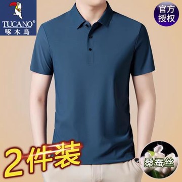 啄木鳥2025夏季桑蠶絲短袖t恤男冰絲真絲polo衫中年男裝上衣薄款T