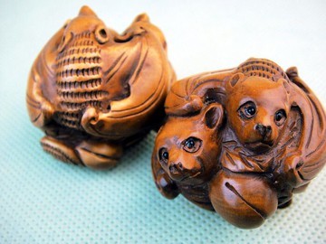 黃楊木雕件蝙蝠小手玩件 福壽雙全健身球生肖 一對2只手球手把件