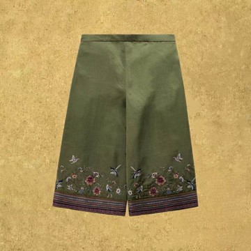 【故景】 新中式復古/香云紗內襯填充桑蠶絲刺繡闊腿褲棉褲