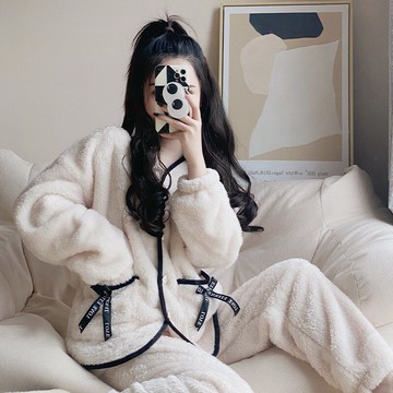 長毛絨睡衣女簡約高級純色秋冬甜美加厚開衫保暖家居服珊瑚絨網紅