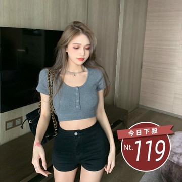 【台灣發貨】韓版圓領高腰顯瘦小心機短袖上衣 衣服 女裝 t恤 短袖t恤 上衣【T409】