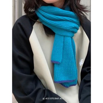 韓版純色顯白針織圍巾女秋冬百搭學生保暖簡約新款藍色圍脖高級感