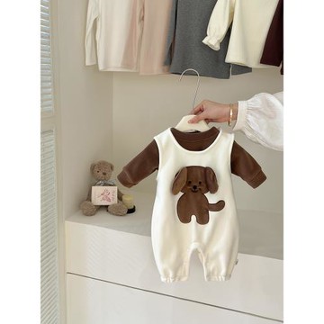 2024年新款秋冬加絨嬰兒背帶褲哈衣二件套小狗咖啡色韓系嬰兒衣服