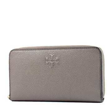 TORY BURCH THEA 浮雕LOGO荔枝紋拉鍊長夾-灰色附活動卡夾