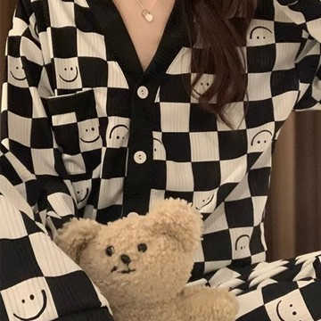 睡衣 坑條方格笑臉卡通少女休閒睡衣 可外穿 家居服 寬鬆睡衣 卡通睡衣 休閒睡衣 學生睡裙  長袖長褲 兩件套 睡衣套裝