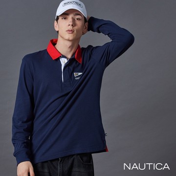 Nautica男裝 跳色領圍旗幟印花長袖POLO衫-藍色