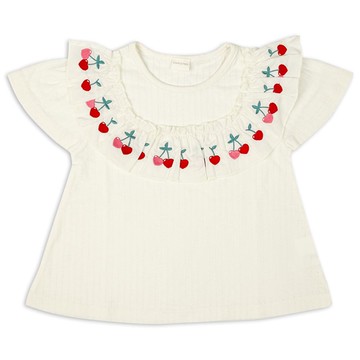 akachan honpo - 短袖T恤-胸口荷葉邊-米白色