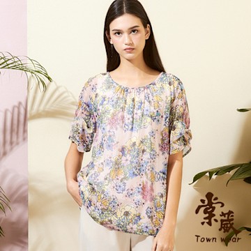【TOWNWEAR棠葳】氣質花卉雪紡上衣(中大尺碼/女上衣/女上著/短袖/透膚/飄逸/滿版/印花/優雅)