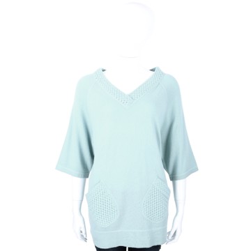 ALLUDE 水綠色美麗諾羊毛V領織紋五分袖上衣(30%CASHMERE)