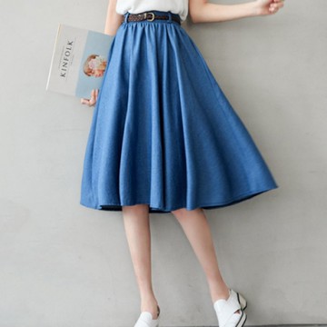 Lockers 木櫃 氣質牛仔A字傘狀半身裙(附腰帶)-2色-預