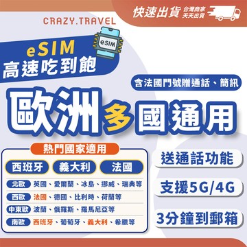 歐洲eSIM 英國 德國 法國 義大利 奧捷 20GB 50GB 100GB 含法國門號贈通話、簡訊 掃碼即用 多國通用