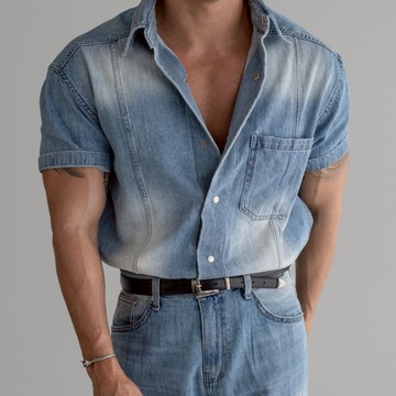 正韓質感修身牛仔水洗刷色短袖襯衫 3色 YUPPIE 預購商品 0421