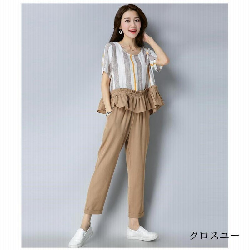セットアップ レディース 上下セット ブラウス 半袖 リネン tシャツ ストライプ パンツ 9分丈 ウエストゴム 無地 ゆったり 春 夏 母の日 通販 LINEポイント最大0.5%GET LINEショッピング 長袖 リネンブラウス パンツ 上下セット 2点 レディース 刺繍り パンツ 黒