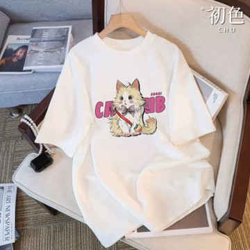 初色 簡約圓領短袖寬鬆舒適T恤可愛貓咪印花上衣女上衣-共5色-11567(M-3XL可選)