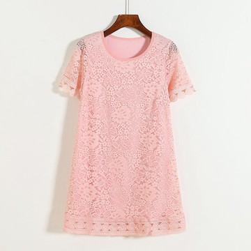 蕾絲鉤花鏤空連衣裙 夏季新款中長款圓領上衣T恤 女短袖裙子L/3-1