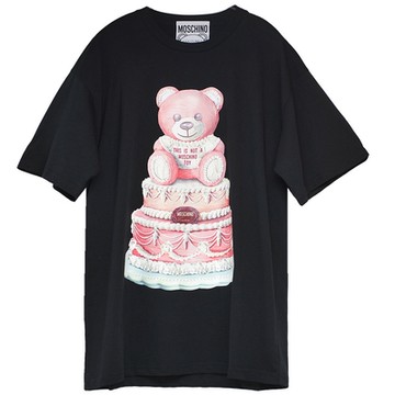 MOSCHINO COUTURE 義大利製蛋糕泰迪熊品牌字母LOGO圖騰棉質寬版T恤上衣(黑)