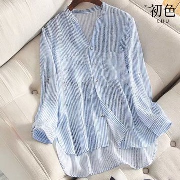 初色 韓版圓領單排釦雙口袋條紋長袖襯衫上衣女上衣-條紋-14646(M-2XL可選)