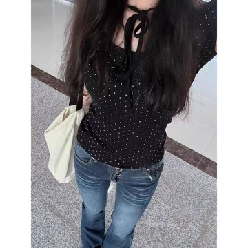 ♡ 𝑪𝒉𝒊𝒄 𝒖 ♡黑色波點綁帶拼接正肩短袖t恤女夏季純欲甜辣妹修身短款小上衣ins