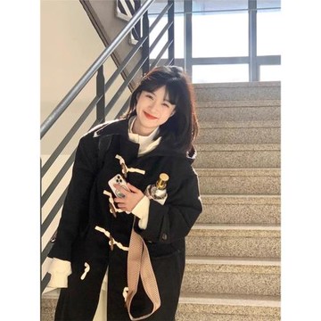 牛角扣黑色毛呢大衣女秋冬2025新款中長款小個子連帽呢子外套加厚