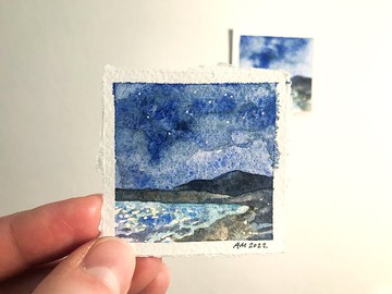 原創小型水彩藝術海洋微型畫海景藝術 2 x 2 英寸