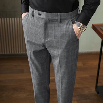潮流灰色格子西褲男式商務直筒修身小腳垂感休閑褲職業正裝發型師