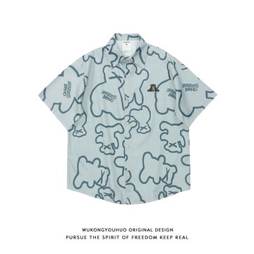 悟空有貨街頭嘻哈小熊滿印短袖襯衫男潮牌寬松情侶休閑五分袖襯衣