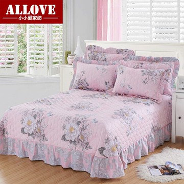 全棉床蓋三件套荷葉花邊夾棉床單純棉美式絎縫1.5m1.8m床罩裙