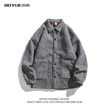 BOYUE帛躍加絨加厚毛呢外套秋冬保暖加厚港風復古日系風男潮棉襖
