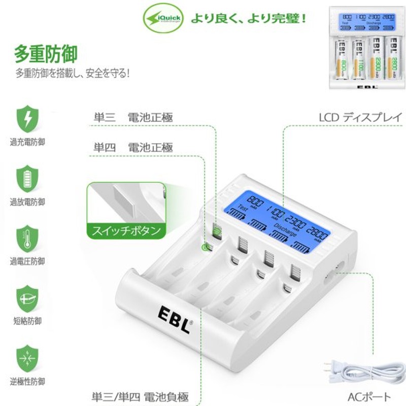 市場 HiQuick 充電池充電器 急速充電器 単4 4本自由充電可能 ニッケル水素 単3 LCD付き ニカド充電池に対応