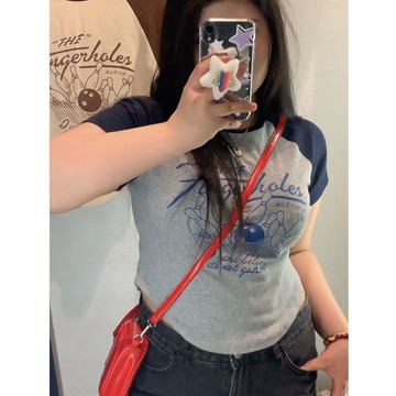 佰分佰/100kg內可穿/大尺碼女裝/夏裝/美式/複古/短袖t恤女/甜辣/修身/顯瘦/印花/短版上衣/女生上衣