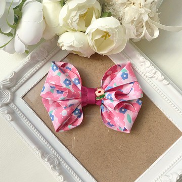 兒童小孩滿版花朵蝴蝶結壓夾髮夾-粉桃紅色