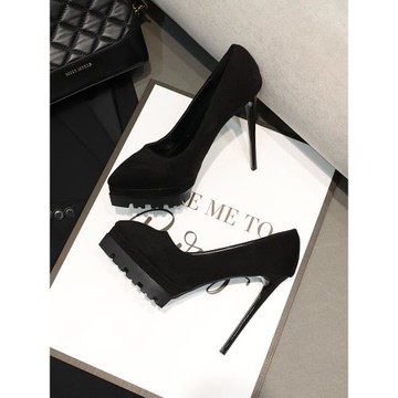 新款顯瘦防水臺絨面黑色尖頭超高跟鞋12cm女細跟性感夜店單鞋女鞋