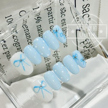 【會員兌換商品專屬鏈接】baby藍蝴蝶結 純手工穿戴甲 XS碼 短橢圓 附穿戴工具包